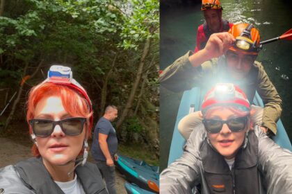 Lia Olguța Vasilescu în echipament de protecție la Peștera Topolnița, în județul Mehedinți
